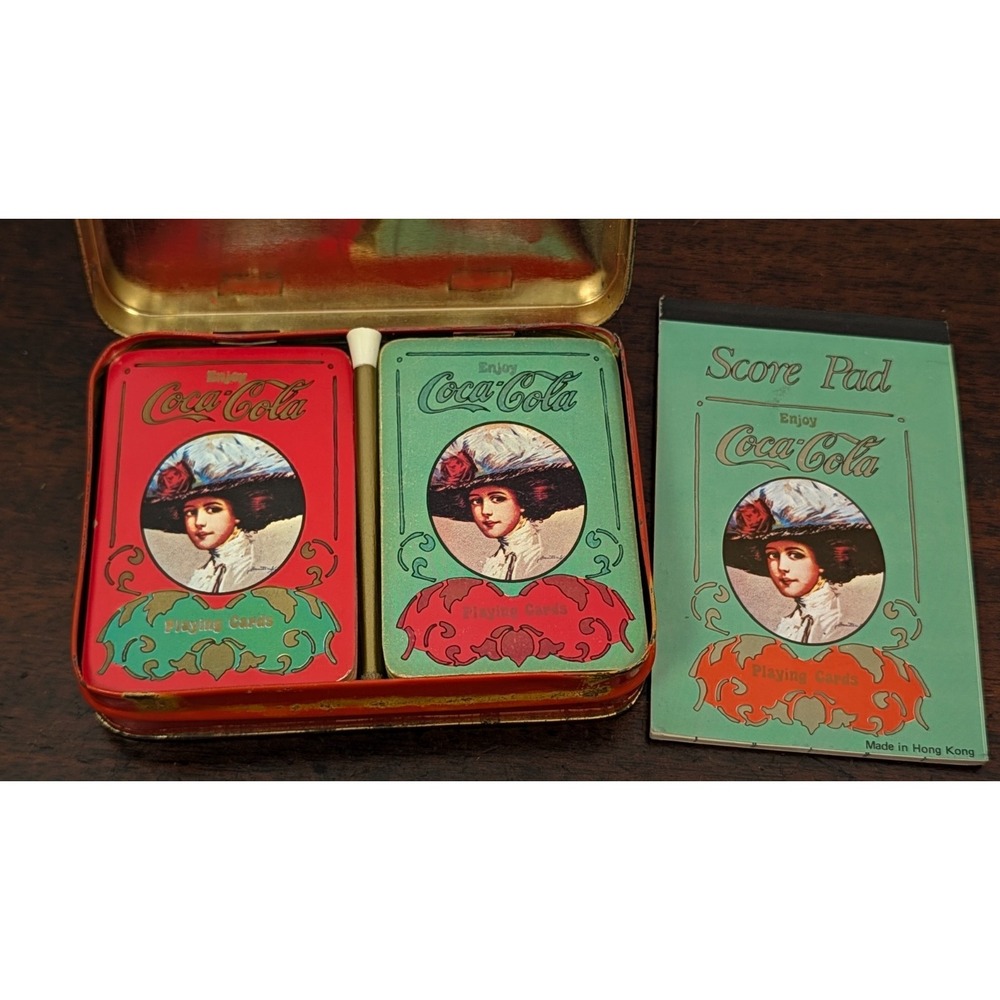 Vintage Coca-Cola Playing Cards Set 2 Complete Decks Tin Score Pad Pencil